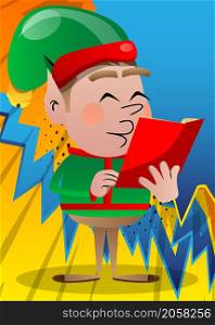 Christmas Elf reading a red book. Vector cartoon character illustration of Santa Claus's little worker, helper.