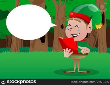 Christmas Elf reading and pointing at an opened book. Vector cartoon character illustration of Santa Claus s little worker, helper.