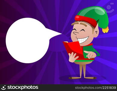 Christmas Elf reading and pointing at an opened book. Vector cartoon character illustration of Santa Claus s little worker, helper.