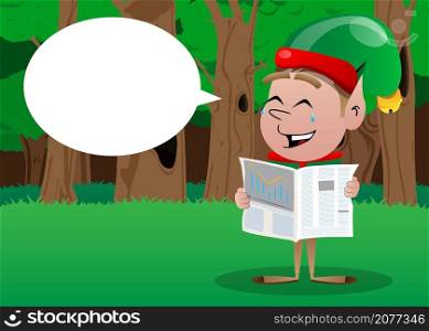 Christmas Elf reading newspaper. Vector cartoon character illustration of Santa Claus's little worker, helper.