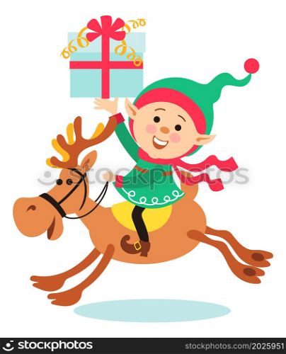 Christmas elf riding deer with gift box. Santa helper carrying kid present. Vector illustration. Christmas elf riding deer with gift box. Santa helper carrying kid present