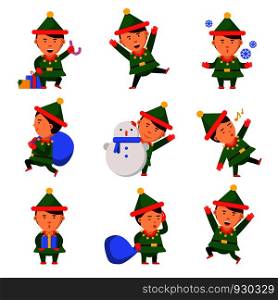 Christmas elf. Santa helpers dwarfs in action pose vector funny characters celebration persons kids. Illustration of xmas elf and helper santa with snowman or sack. Christmas elf. Santa helpers dwarfs in action pose vector funny characters celebration persons kids