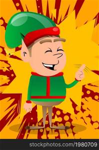 Christmas Elf saying no with his finger. Vector cartoon character illustration of Santa Claus's little worker, helper.