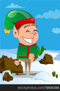 Christmas Elf showing dislike hand sign. Vector cartoon character illustration of Santa Claus's little worker, helper.