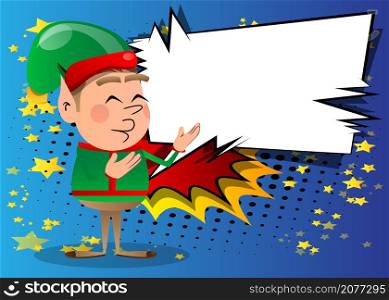 Christmas Elf showing something with both hands, powerful hand gesture. Vector cartoon character illustration of Santa Claus's little worker, helper.