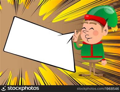 Christmas Elf showing the V sign, peace hand gesture. Vector cartoon character illustration of Santa Claus's little worker, helper.