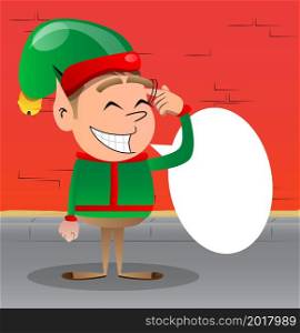 Christmas Elf shows a you're nuts gesture by twisting his finger around his temple. Vector cartoon character illustration of Santa Claus's little worker, helper.
