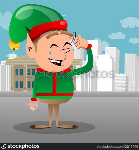 Christmas Elf shows a you're nuts gesture by twisting his finger around his temple. Vector cartoon character illustration of Santa Claus's little worker, helper.