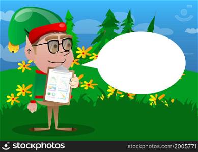 Christmas Elf shows finance report. Vector cartoon character illustration of Santa Claus's little worker, helper.
