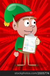 Christmas Elf shows finance report. Vector cartoon character illustration of Santa Claus's little worker, helper.