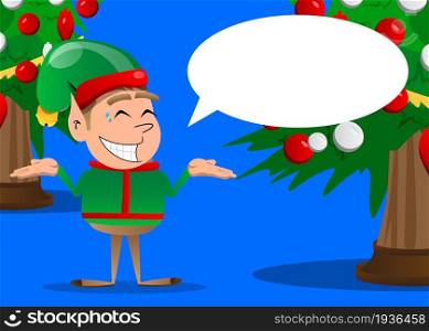 Christmas Elf shrugs shoulders expressing don't know gesture. Vector cartoon character illustration of Santa Claus's little worker, helper.