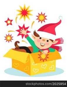 Christmas elf sitting in opened present box. Surprise holiday gift. Vector illustration. Christmas elf sitting in opened present box. Surprise holiday gift