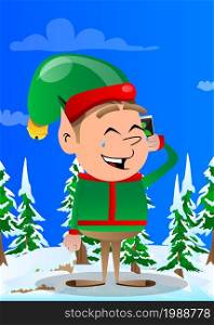 Christmas Elf talking on cell phone. Vector cartoon character illustration of Santa Claus's little worker, helper.