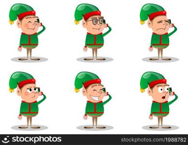 Christmas Elf talking on cell phone. Vector cartoon character illustration of Santa Claus's little worker, helper.