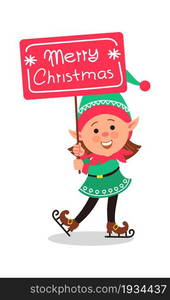 Christmas elf. Winter holiday fairy tale character. Cute Santa assistant. Cartoon girl in green costume and skates. Isolated funny kid holds congratulation board. Merry Xmas celebration. Vector dwarf. Christmas elf. Winter holiday fairy tale character. Santa assistant. Cartoon girl in green costume and skates. Funny kid holds congratulation board. Merry Xmas celebration. Vector dwarf