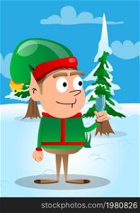 Christmas Elf with a glass of water. Vector cartoon character illustration of Santa Claus's little worker, helper.