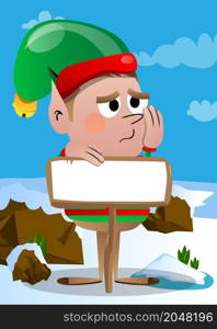 Christmas Elf with blank paper on wood board, sign. Vector cartoon character illustration of Santa Claus's little worker, helper.