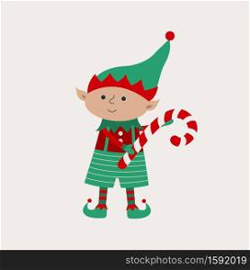 Christmas elf with candy cane isolated on a gray background. Flat vector illustration with Santa Claus helper.