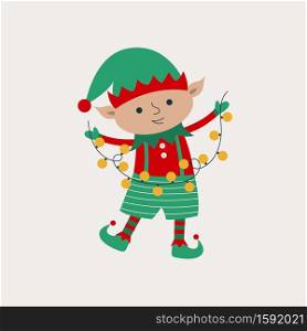 Christmas elf with garland isolated on a gray background. Flat vector illustration with Santa Claus helper.