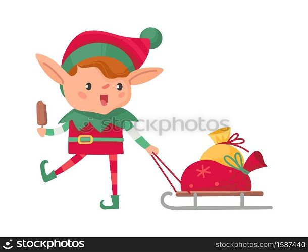 Christmas elf with gift. Santa Claus cute fantasy helper carrying gifts on sled for winter holidays, adorable dwarf eating ice-cream new year celebration vector cartoon character isolated on white. Christmas elf with gift. Santa Claus cute fantasy helper carrying gifts on sled, adorable dwarf eating ice-cream new year celebration vector cartoon character isolated on white