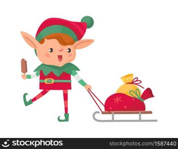 Christmas elf with gift. Santa Claus cute fantasy helper carrying gifts on sled for winter holidays, adorable dwarf eating ice-cream new year celebration vector cartoon character isolated on white. Christmas elf with gift. Santa Claus cute fantasy helper carrying gifts on sled, adorable dwarf eating ice-cream new year celebration vector cartoon character isolated on white