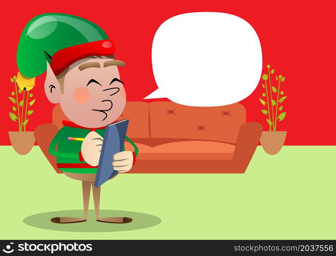 Christmas Elf writing on a books cover. Vector cartoon character illustration of Santa Claus's little worker, helper.