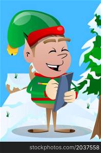 Christmas Elf writing on a books cover. Vector cartoon character illustration of Santa Claus's little worker, helper.
