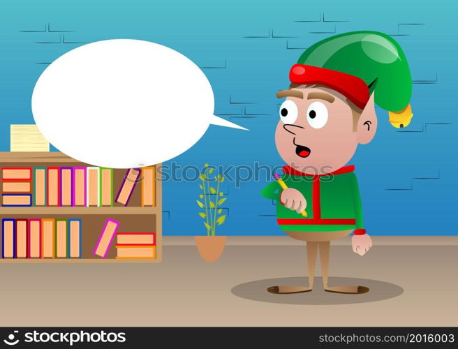 Christmas Elf writing with pencil. Vector cartoon character illustration of Santa Claus's little worker, helper.