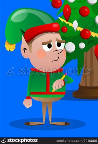 Christmas Elf writing with pencil. Vector cartoon character illustration of Santa Claus's little worker, helper.