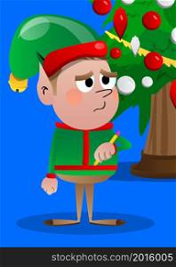 Christmas Elf writing with pencil. Vector cartoon character illustration of Santa Claus's little worker, helper.