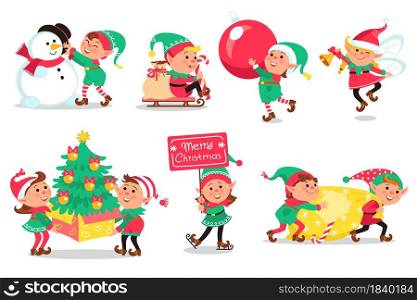 Christmas elves. Cartoon funny magical creatures, little helpers of santa Claus, christmas gnomes, kids with gifts and toys, elf on sledge and with bag vector set. Christmas elves. Cartoon funny magical creatures, little helpers of santa Claus, christmas gnomes, kids with gifts and toys, vector set