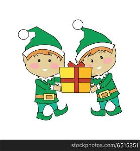 Christmas Elves Holding Gift Box. Xmas Characters. Christmas elves holding gift box. Two xmas cartoon characters carrying new year present. Santas helper elf isolated on white. Winter season holiday greeting card banner poster design. Vector