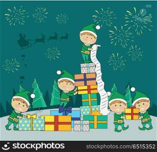 Christmas Elves Packing Presents Gift Boxes. Christmas elves packing presents gift boxes according to wish list. Fireworks and santa with reindeers in sky on snowy background. Magic eve. New year and xmas concept. Cartoon flat style. Vector