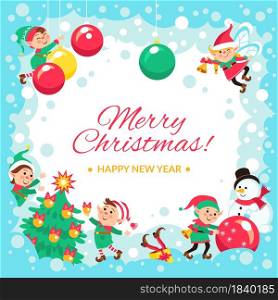 Christmas elves poster. New year holiday greeting card, funny little little people, Santas helpers, winter main celebration with cheerful elf friends vector concept. Christmas elves poster. New year holiday greeting card, funny little little people, Santas helpers, winter main celebration, vector concept