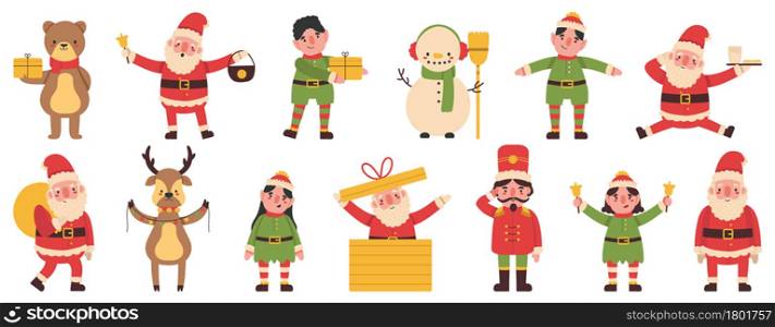 Christmas elves, snowman and reindeer Santa Claus helpers mascots. Winter holiday funny team vector illustration set. Santa Claus noel helpers characters with gift boxes, bell and garland. Christmas elves, snowman and reindeer Santa Claus helpers mascots. Winter holiday funny team vector illustration set. Santa Claus noel helpers characters