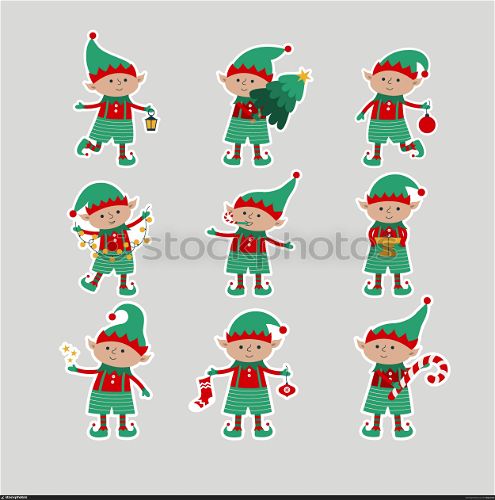 Christmas elves with gift, tree, ball, lantern, stars, garlands isolated on gray background. Flat stickers with Santa Claus helpers.