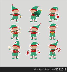 Christmas elves with gift, tree, ball, lantern, stars, garlands isolated on gray background. Flat stickers with Santa Claus helpers.