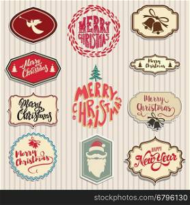 christmas emblems set. Santa Claus beard, angel, bells. Design elements for poster, greeting cards. Vector illustration.