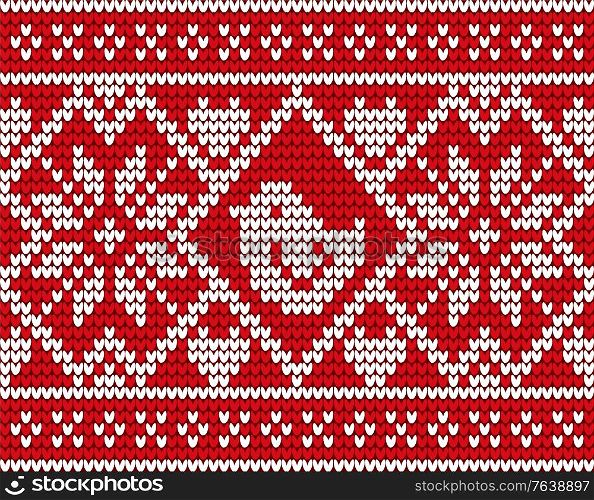 Christmas embroidery decorated by bird and flower. Knitwear with pattern in white color. Xmas postcard or textile with winter traditional symbols. Element of jumper with handicraft decorations vector. Xmas Card or Knitwear with Winter Ornaments Vector