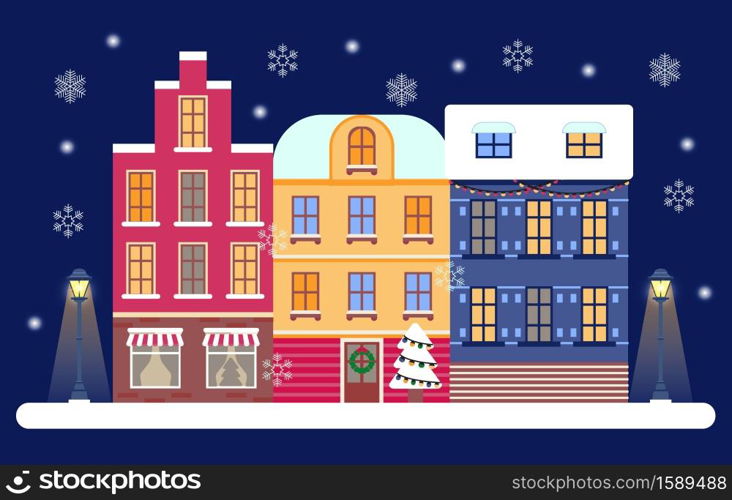Christmas Eve in cozy city concept vector. Winter night panorama in town with street lightens. Snowy town or village landscape in the evening with snow fall. Gingerbread house illustration. Christmas Eve in cozy city concept vector. Winter night panorama in town with street lightens. Snowy town or village landscape in the evening with snow fall. Gingerbread house