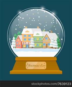 Christmas eve snowglobe with building and fir-tree. Postcard snowball with snowflakes on house and tree. Winter holiday card decorated by glass ball with snow on roof of construction and wood vector. Card with Christmas Ball, Winter Holiday Vector
