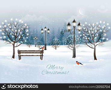 Christmas evening landscape with winter village and white christmas trees. Vector