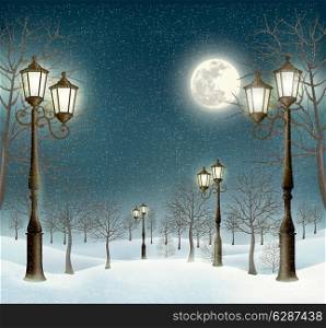 Christmas evening winter landscape with lampposts. Vector.