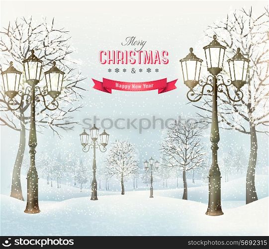 Christmas evening winter landscape with vintage lampposts. Vector.