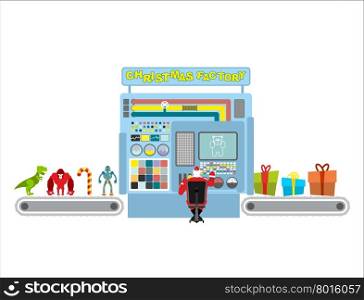 Christmas factory. Automatic line for production of gifts. Guy Claus operator unattended machines. Machine packs toys for children in holiday boxes. Infographics concept production system for new year.&#xA;