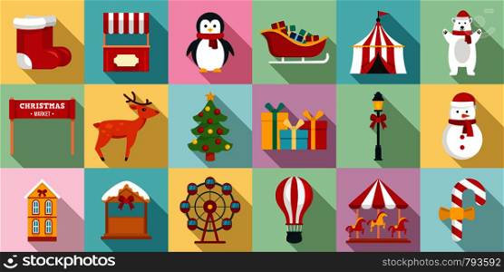 Christmas fair icon set. Flat set of Christmas fair vector icons for web design. Christmas fair icon set, flat style