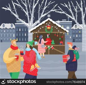 Christmas fair in city, people preparing for xmas. Couple stand together and drink coffee outdoor in cold weather. Traditional holiday garlands on tree. Vector illustration in flat of holiday market. Christmas Fair in City, Couple Walking with Coffee