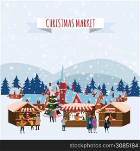 Christmas Fair, Market on town Anthropomorphic Set of animals. Christmas Fair, Market on town Anthropomorphic Set of animals in human winter clothes coats, jackets, shoes, slippers, Bear, cat, deer, horse, rabbit, hare, fox, elk, winter, snow. Vector, flat style, illustration, isolated, template, poster, banner