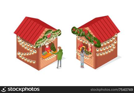 Christmas fair, market with street shops vector. People buying traditional decor on winter holiday, pine tree artificial spruce, garlands snowflakes. Christmas Fair, Market with Street Shops Kiosks
