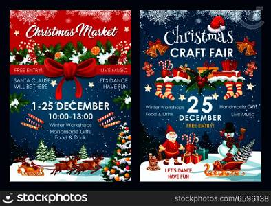 Christmas fair poster design of Santa and snowman in sleigh with New Year gifts bag. Vector Christmas winter holiday event invitation of holly ornament on blue snow and red ribbon background. Christmas fair decoration vector posters